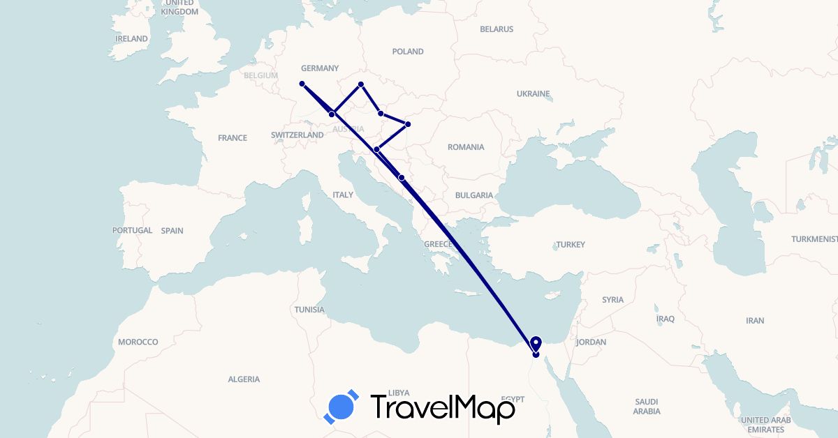 TravelMap itinerary: driving in Austria, Bosnia and Herzegovina, Czech Republic, Germany, Egypt, Croatia, Hungary (Africa, Europe)